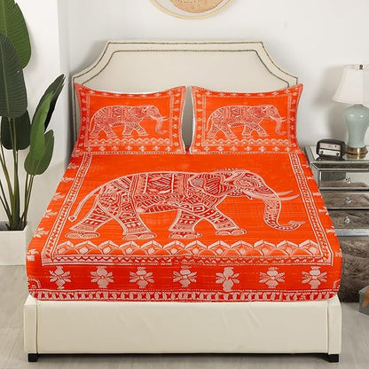 Native American Indian Style Kids Sheet Queen Size,Exotic Elephant Bohemia Bedding Set,Boys Girls Room Decor,Geometric Flowers Trippy Boho Orange Bed Sheet Set 4pcs(Fitted + Flat + 2 Pillowcases)
