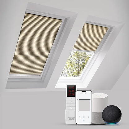 ZSTARR Motorized Skylight Shades Blackout Cellular Honeycomb Electric Blinds with Solar Panel Cordless Rechargeable with Remote for Roof and Slanted Windows Custom Size (LF Coffee)
