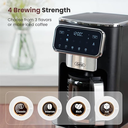 Gevi 12-Cup Programmable Coffee Maker with Touchscreen, Strong Brew & Iced Coffee Options, Auto Shut-Off, 4-Hour Keep Warm, Glass Carafe, Anti-Drip System, Permanent Filter Included