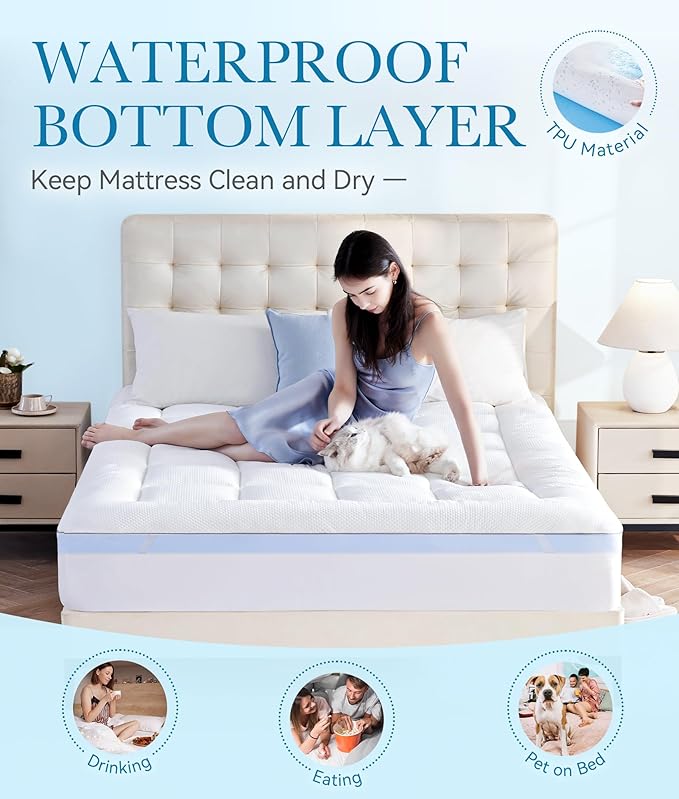 BDEUS Waterproof Dual Layer 4 Inch Memory Foam Mattress Topper King Size, 2 Inch Gel Memory Foam Plus 2 Inch Down Alternative Quilted Pillow Top Mattress Pad Cover for Kids, Pets