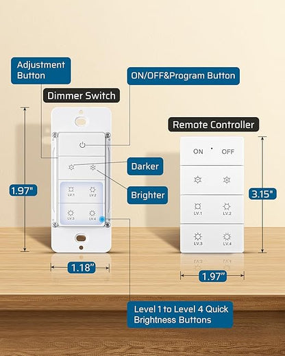 DEWENWILS Wireless Dimmer Switch, Electrical Light Switch, Remote Control Dimmer, Tungsten 400W, Dimmable LED 150W, Adjustable Brightness Button, Needs Neutral Wire, No Hub Required, ETL Listed