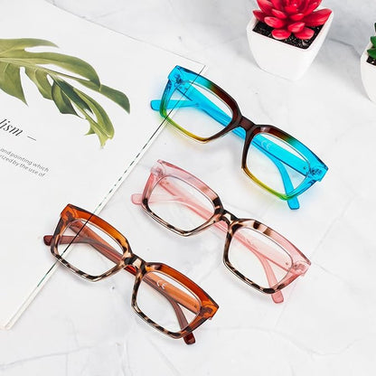 DXYXYO Reading Glasses Women 1.5 Blue Light Blocking, Oprah Style Square Oversized Computer Readers 3 Pack Retro Fashion, Blue+pink+brown