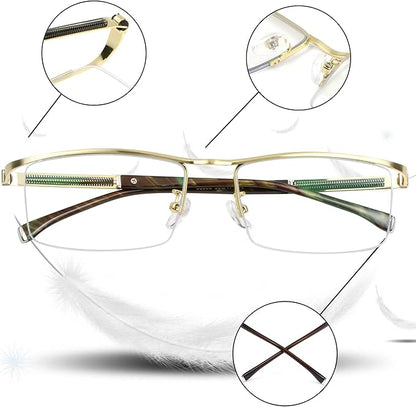 LifeArt Alloy Semi-Rimless Reading Glasses,Blue Light Blocking Glasses, Anti Eyestrain, Computer Gaming Glasses, TV Glasses for Men, Anti Glare (Golden, +0.00 Magnification)