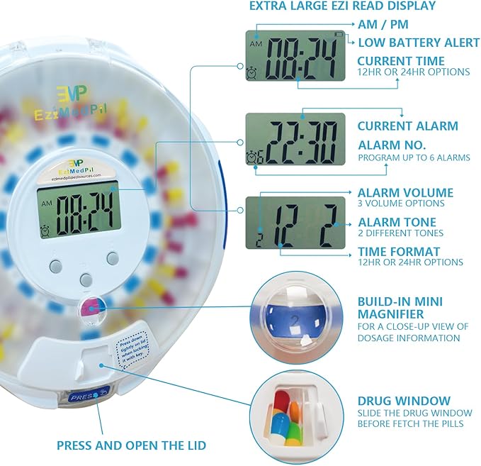 EziMedPil Automatic Pill Dispenser Frosted Lid with Alarm, Sound & Light, up to 6 Alarms/Day, 6 Dosage Templates, LCD Display, Key Locked 28-Day Medication Dispenser for Protecting Pills Privacy