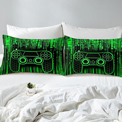 Gamer Gamepad Kids Sheet King Size,Videogaming Controller Fashion Bedding Set,Boys Girls Room Decor,Modern Geometric Honeycomb Hexagon Green Neon Bed Sheet Set 4pcs(Fitted + Flat + 2 Pillowcases)