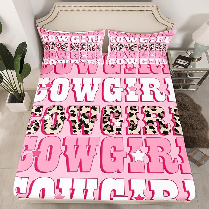 Western Cowgirl Bedding Set Twin Size Rustic Brown Leopard Fur Print Bed Set for Teens Kids Sheet Tribal Cowgirl Texas Star Pink White Bed Cover(1 Fitted Sheet+1 Pillow Case)