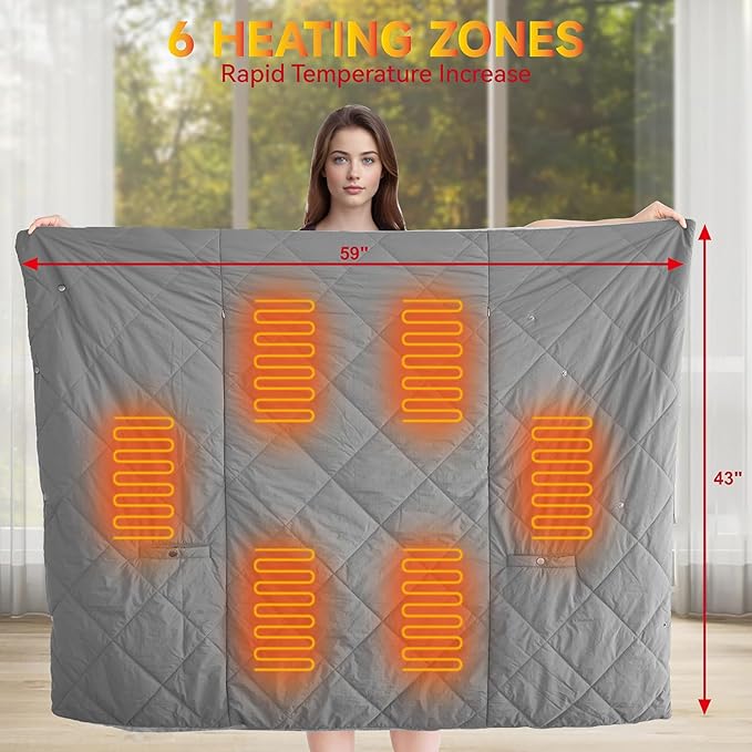 Heated Blanket Outdoors, Battery Operated Heated Throw with 10000mAh Power Bank, 2-in-1 Blanket & Shawl for Camping, Hiking, Stadium Events & Travel, Cordless USB Heated Blanket-Grey