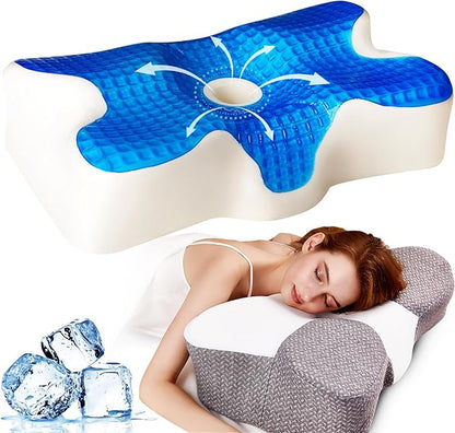 Cooling Gel Pillow,Cooling Cervical Neck Pillow,Gel Memory Foam Pillow,Odorless Ergonomic Contour Pillows,Orthopedic Bed Pillow for Side Back Stomach Sleeper - Dark Grey-White