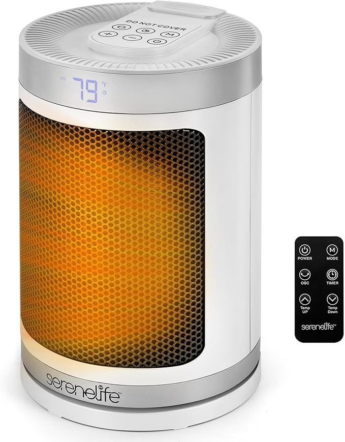SereneLife Portable Space Heater – 1500W PTC Ceramic Electric Heater with Thermostat, Remote, 12-Hour Timer, 3 Heating Modes, Oscillation, Safe & Quiet for Home, Office, Bedroom (White)
