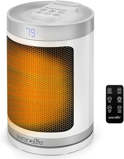 SereneLife Portable Space Heater – 1500W PTC Ceramic Electric Heater with Thermostat, Remote, 12-Hour Timer, 3 Heating Modes, Oscillation, Safe & Quiet for Home, Office, Bedroom (White)