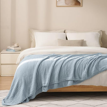 PHF Cooling Muslin Blanket King Size 104"x80", 6-Layer Lightweight Gauze Blanket Made from 35% Rayon Derived from Bamboo & 65% Cotton, Breathable & Ultra Soft Cozy for Hot Sleepers, Dusty Blue