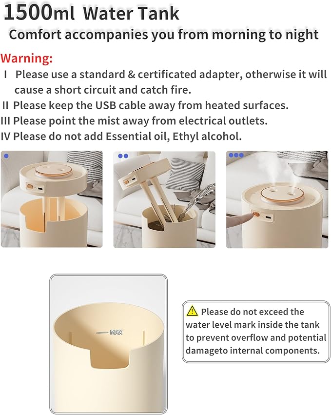 Portable Small Humidifier, 1500ml Small Humidifiers for Bedroom Baby, 1800mAh USB Personal Desktop Portable Humidifiers for Travel,Office, Car, Home, Auto Shut-Off, 3 Mist Modes, Super Quiet