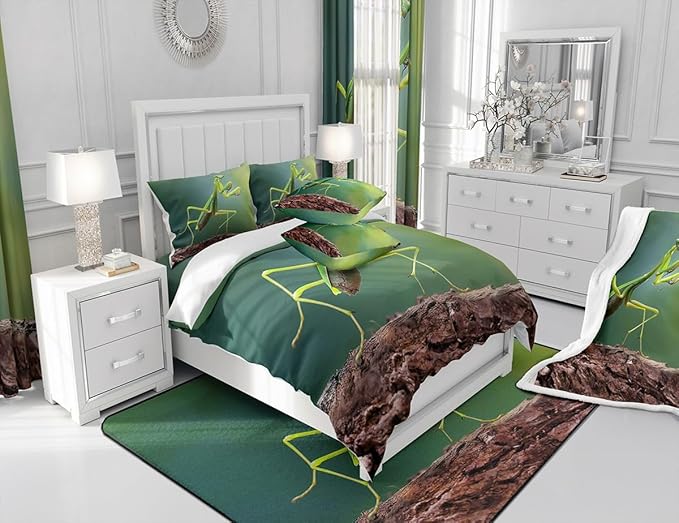 Manfei Mantis Kids Sheet Set King Size, Natural Wildlife Bedding Set for Boys Teens Adults Room Decor, Malaysia Green Praying Mantis Bed Sheet Set 4pcs (Fitted Sheet, Flat Sheet, 2 Pillowcases)