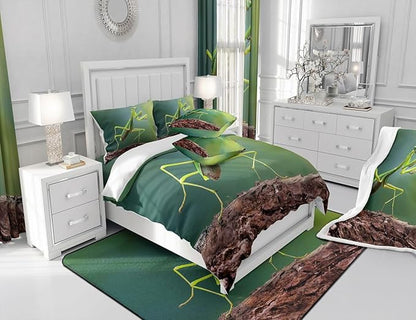 Manfei Mantis Kids Sheet Set King Size, Natural Wildlife Bedding Set for Boys Teens Adults Room Decor, Malaysia Green Praying Mantis Bed Sheet Set 4pcs (Fitted Sheet, Flat Sheet, 2 Pillowcases)