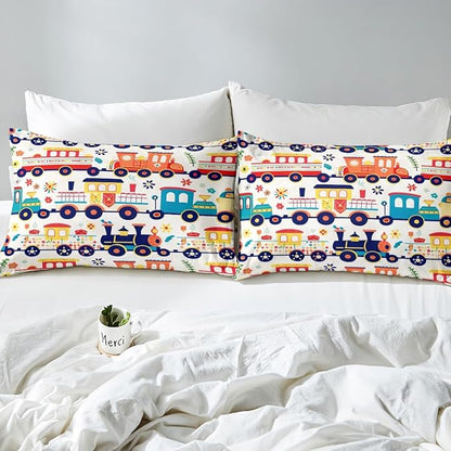 Cartoon Trains Kids Fitted Sheet Twin Size,Choochoo Retro Steam Locomotive Train Bedding Set,Boys Girls Room Decor,Daisy Flowers Leaf Dots Bed Cover,Colorful Cute Bed Sheet,1 Pillowcase