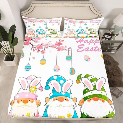 Lovely Gnome Fitted Sheet Full Size Eggs Flowers Happy Easter Bedding Set for Kids Bedroom Floral Spring Cartoon Bed Sheet Set 3pcs White Colorful Deep Pocket Mattress Cover,No Top Flat