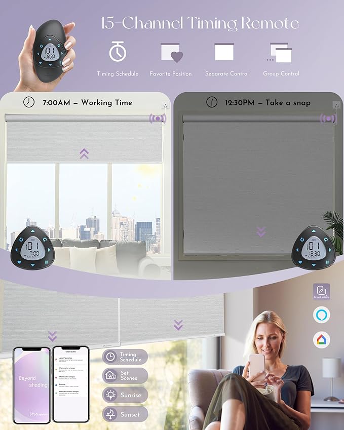 Graywind Motorized Shades 100% Blackout Compatible with Alexa Google WiFi Hardwired Smart Roller Shade Remote Control Automated Window Blinds with Valance, Customized Size (Pure White)