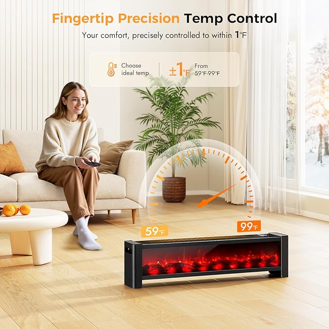 Baseboard Heater with Fireplace - 1500W Electric Fireplace Heater with Realistic 3D Flame Effect, Adjustable Thermostat Space Heater for Large Room, Office&Bedroom, Tip-Over&Overheat Protection