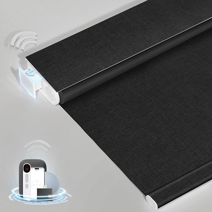 Smart Motorized Blinds with Remote, Cordless No-Drill Automatic Roller Shades, Blackout Electric Blind for Windows, Black, 36 x 72