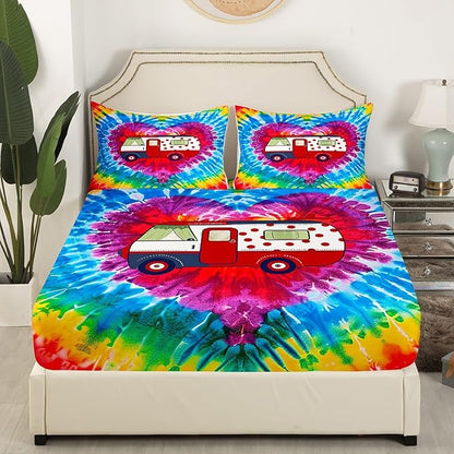Manfei Camping Trailer Fitted Sheet Set with 2 Pillowcases,Watercolor Love Heart Boho Tie Dye Paint Bed Sheet Teens,Nature Tourism Theme Colorful Top Flat Sheet Luxury Microfiber,Queen Size