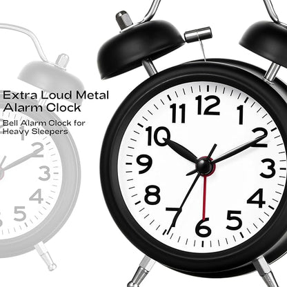 AKCISOT Loud Alarm Clock for Heavy Deep Sleepers,3 Inches Analog Metal Twin Bell Clocks Battery Operated with Backlight for Bedroom Bseide, Old Fashioned for Desk Home Decoration (Black White)