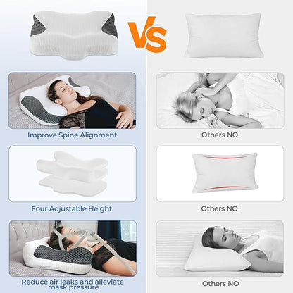 Elviros Cervical Neck CPAP Pillow for Sleeping, Ergonomic Adjustable Height Neck Support Memory Foam Bed Pillow for CPAP Users with Sleep Apnea, Suitable for Side and Back Sleepers
