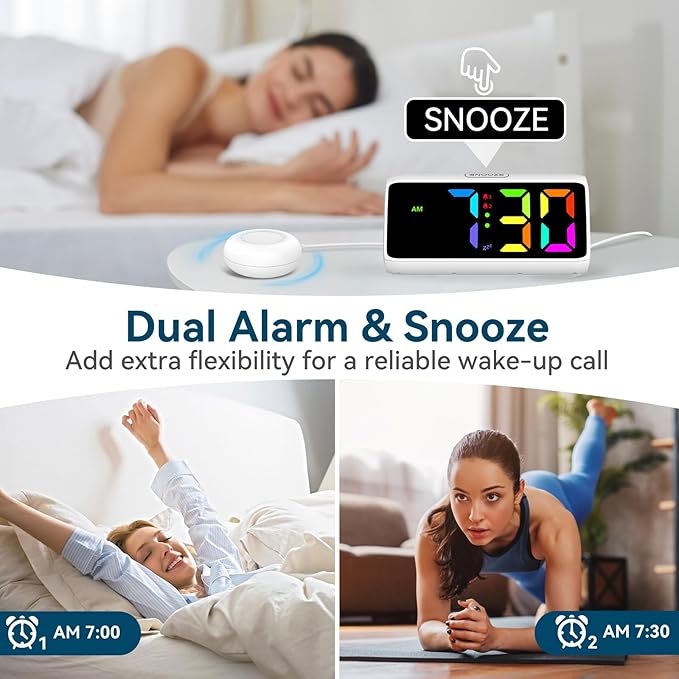 Netzu Loud Alarm Clock for Heavy Sleepers, Plug-in RGB Vibrating Alarm Clocks with Bed Shaker, 5 Dimmers, 2 Alarms and Snooze for Bedrooms Hearing Impaired Deaf Adults (White)