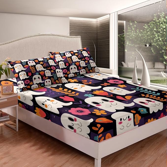 Cartoon Ghosts Fitted Sheet Queen Size Halloween Ghost Cute Groovy Daisy Flowers Bedding Sheet Set,Purple Squares Grids Patchwork Black Bed Cover Ultra Soft Breathable Bedding 3 Pcs