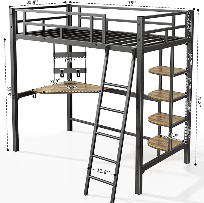 Loft Bed Twin Size, Bunk Bed with Desk, Shelves and Monitor Stand, Heavy Duty Metal Twin Loft Bed with Charging Station, Safety Guard & Ladder, Space-Saving, No Box Spring Needed