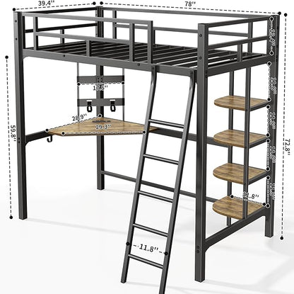 Loft Bed Twin Size, Bunk Bed with Desk, Shelves and Monitor Stand, Heavy Duty Metal Twin Loft Bed with Charging Station, Safety Guard & Ladder, Space-Saving, No Box Spring Needed