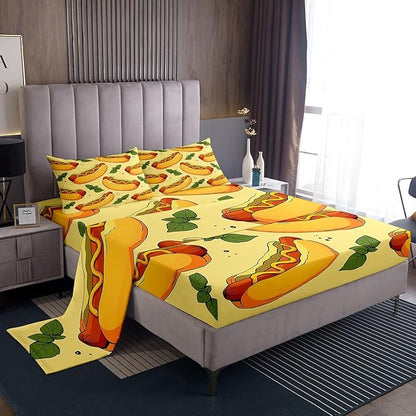 Manfei Fast Food Sheet Set Full Size, American Cartoon Hot Dog Hamburg Bed Sheet Set 4pcs (Fitted Sheet, Flat Sheet, 2 Pillowcases), Creative Yellow Bedding Set for Kids Boys Girls Room Decor