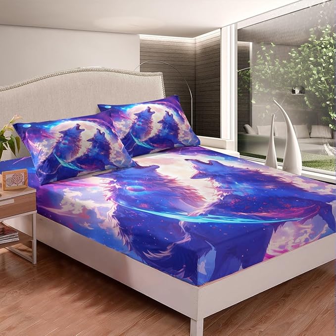 Wolf Kids Fitted Sheet Twin Size,Moon Night Starry Sky Bedding Set,Boys Girls Room Decor,Wildlife Rustic Animal Hunting Adventure Bed Cover,Blue Purple Bed Sheet,1 Pillowcase
