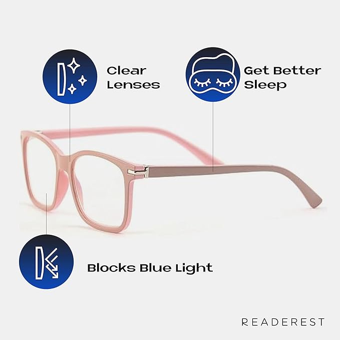 Readerest Blue Light Blocking Glasses – Thin Reflective Lens, Anti-Glare Computer Eyeglasses, UV Protection, Eye Strain Relief (Beige/Pink, 3.75 Magnification)