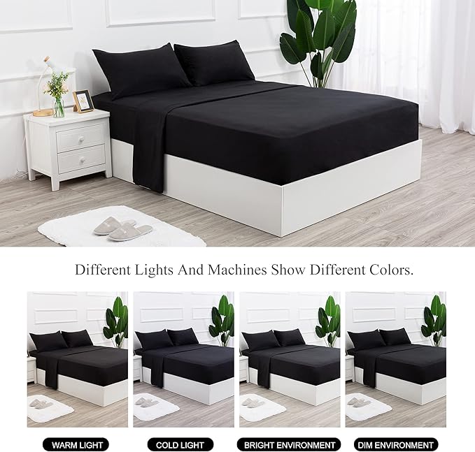 4 Piece Bed Sheet Set (Full,Black) 1 Flat Sheet,1 Fitted Sheet and 2 Pillow Cases,Brushed Microfiber Luxury Bedding with Deep Pockets