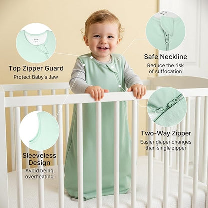 Supersoft Rayon Made from Bamboo Sleep Sack 6-12 Months 1.0 Tog Toddler Sleep Sack Baby Wearable Blanket with 2-Way Zipper Unisex Sleeping Bag for Babies All-year-around (2 Pack) Green & Blue
