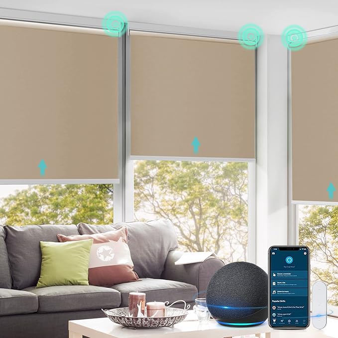 Allesin Motorized Roller Shade Blinds Compatible with Alexa for Window, Blackout Smart Shades Cordless with Remote Control, Electric Automated Blinds, Customized Size, Lithium Battery Motor(Camel)