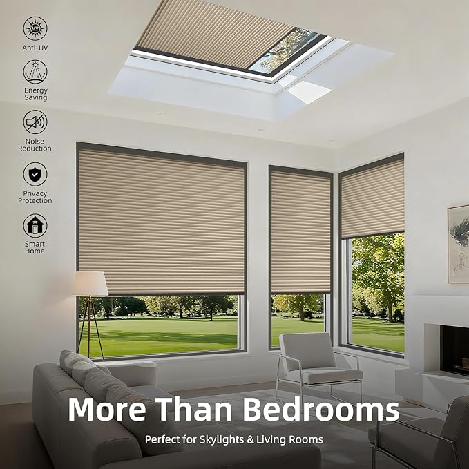ZSTARR Motorized Skylight Shades Blackout Cellular Honeycomb Electric Blinds with Solar Panel Cordless Rechargeable with Remote for Roof and Slanted Windows Custom Size (Black Out Coffee)