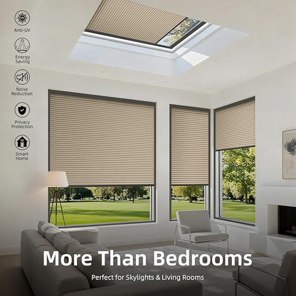 ZSTARR Motorized Skylight Shades Blackout Cellular Honeycomb Electric Blinds with Solar Panel Cordless Rechargeable with Remote for Roof and Slanted Windows Custom Size (Black Out Coffee)