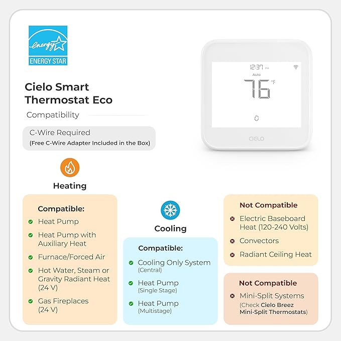 Cielo Smart Thermostat Eco (for Central HVAC) | Energy Star Certified | Supports Conventional Systems up to (2H/2C) & Heat Pumps (4H/2C) | Free C-Wire Adapter | NOT for Mini Split Systems | White