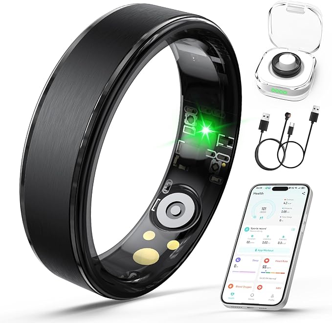 Smart Ring for Women Men, Health Fitness Tracker Ring with Heart Rate/Sleep Tracker/Blood Oxygen/HRV/Stress/Calorie/Steps, IP68 Waterproof for iOS & Android, No APP Fees(Black,13#)