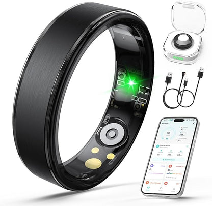 Smart Ring for Women Men, Health Fitness Tracker Ring with Heart Rate/Sleep Tracker/Blood Oxygen/HRV/Stress/Calorie/Steps, IP68 Waterproof for iOS & Android, No APP Fees(Black,13#)