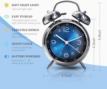Super Loud Alarm Clock for Heavy Sleepers,4 inches Twin Bell Alarm Clock with Backlight,Battery Operated,Silent Non Ticking,for Kids,Adults,Bedrooms,Retro Decor Desk Analog Clocks. (Blue)