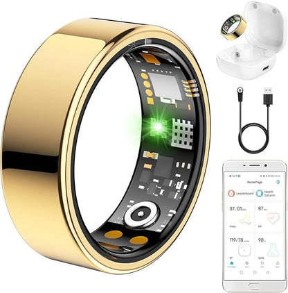 Ring Health Tracker for Women Men, Fit Ring with Heart Rate, Blood Oxygen, Sleep Monitor, Calories, Step Counter, IP68 Waterproof Smart Ring for iPhone & Android, No Subscription Fee (Gold, 14#)