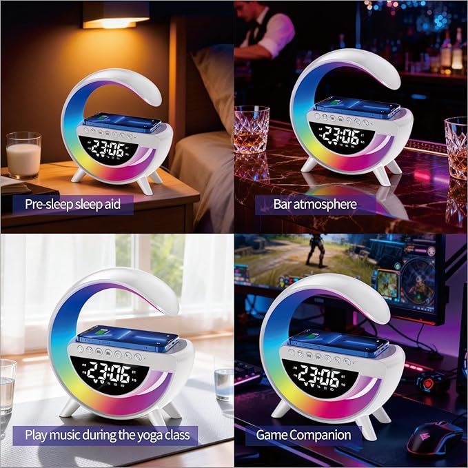 Wireless Charging Table Lamp, Multifunctional Bluetooth Speaker & Alarm Clock - LED Bedside Desk Lamp Night Light for Heavy Sleepers, Superfine Bedroom Home Decoration (White)