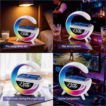 Wireless Charging Table Lamp, Multifunctional Bluetooth Speaker & Alarm Clock - LED Bedside Desk Lamp Night Light for Heavy Sleepers, Superfine Bedroom Home Decoration (White)