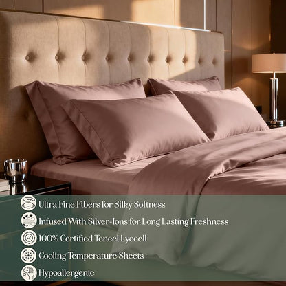 CASILVA Eucalyptus Sheets - Infused with Silver for Anti-Odor, Softer Than Silk Fibers, More Cooling Than Cotton - Perfect for Hot Sleepers & Sensitive Skin - 100% Tencel Lyocell - Queen Sheet Set