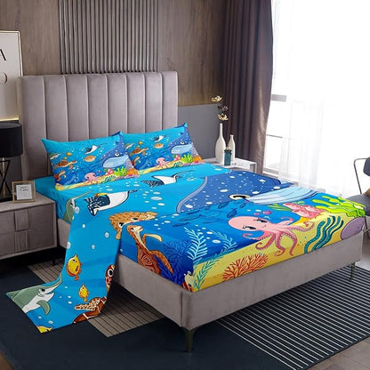 Marine Animals Sheet Queen,Shark Octopus Turtle Coral Bedding Set for Kids Teens Adults,Underwater World Cartoon Sea Blue Bed Sheet 4pcs(Deep Pocket Fitted Sheet + Flat Sheet + 2 Pillowcases)