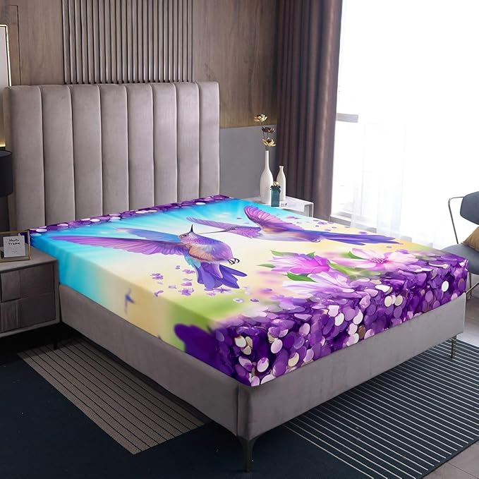 Hummingbird Kids Full Size Fitted Sheet,Lilac Flower Spring Dreamy Room Decor,Vintage Floral Animal Boys Girls Bed Sheets,Purple Blue Bedding Set,2 Pillowcases(No Flat)