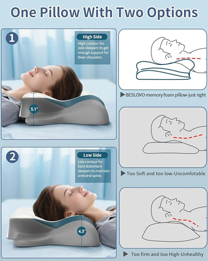 Cervical Neck Pillow for Pain Relief - Ergonomic Side Sleeper for Sleeping, Cooling Memory Foam Pillows for Neck Support, Contour Orthopedic Bed Pillow for Back Stomach Sleepers