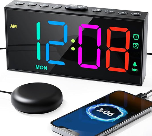 Roxicosly RGB Display Vibrating Alarm Clock with Bed Shaker for Heavy Sleepers Adults, 7-Level Dimmer, Dual Alarms with Weekday & Weekend Mode, Large Digits, Snooze, USB Charger, Battery Backup